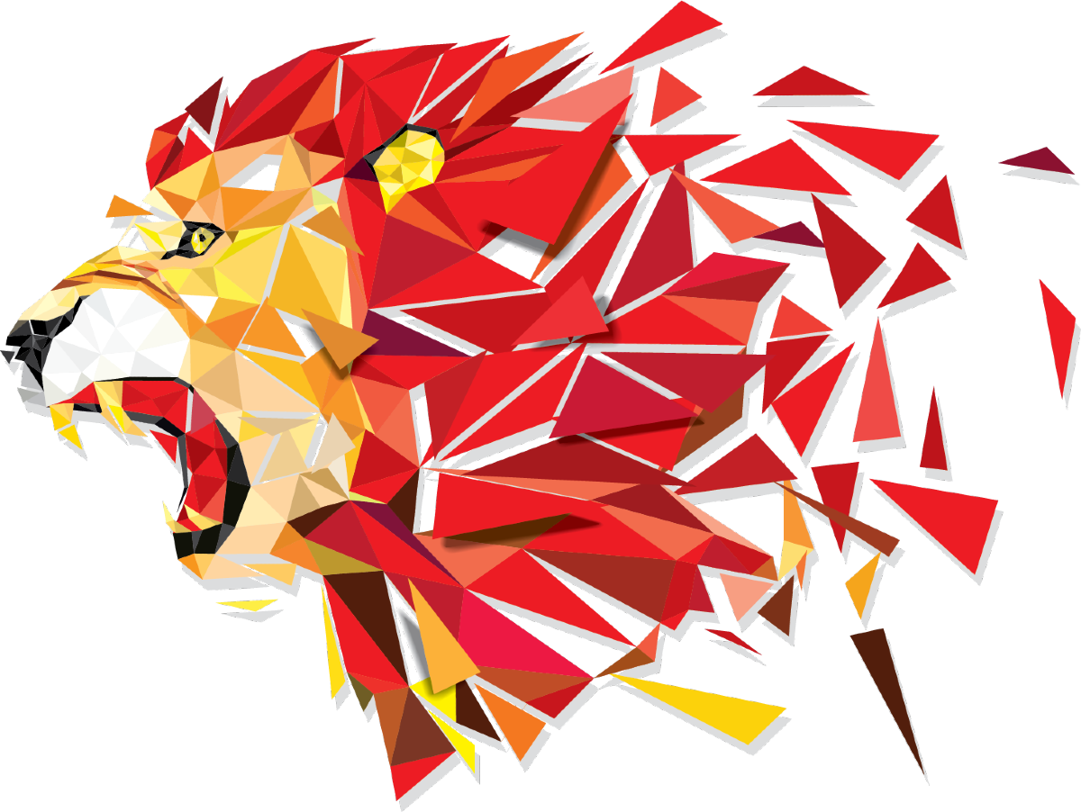 Geometric Red, Orange, and White Lion Head Roaring